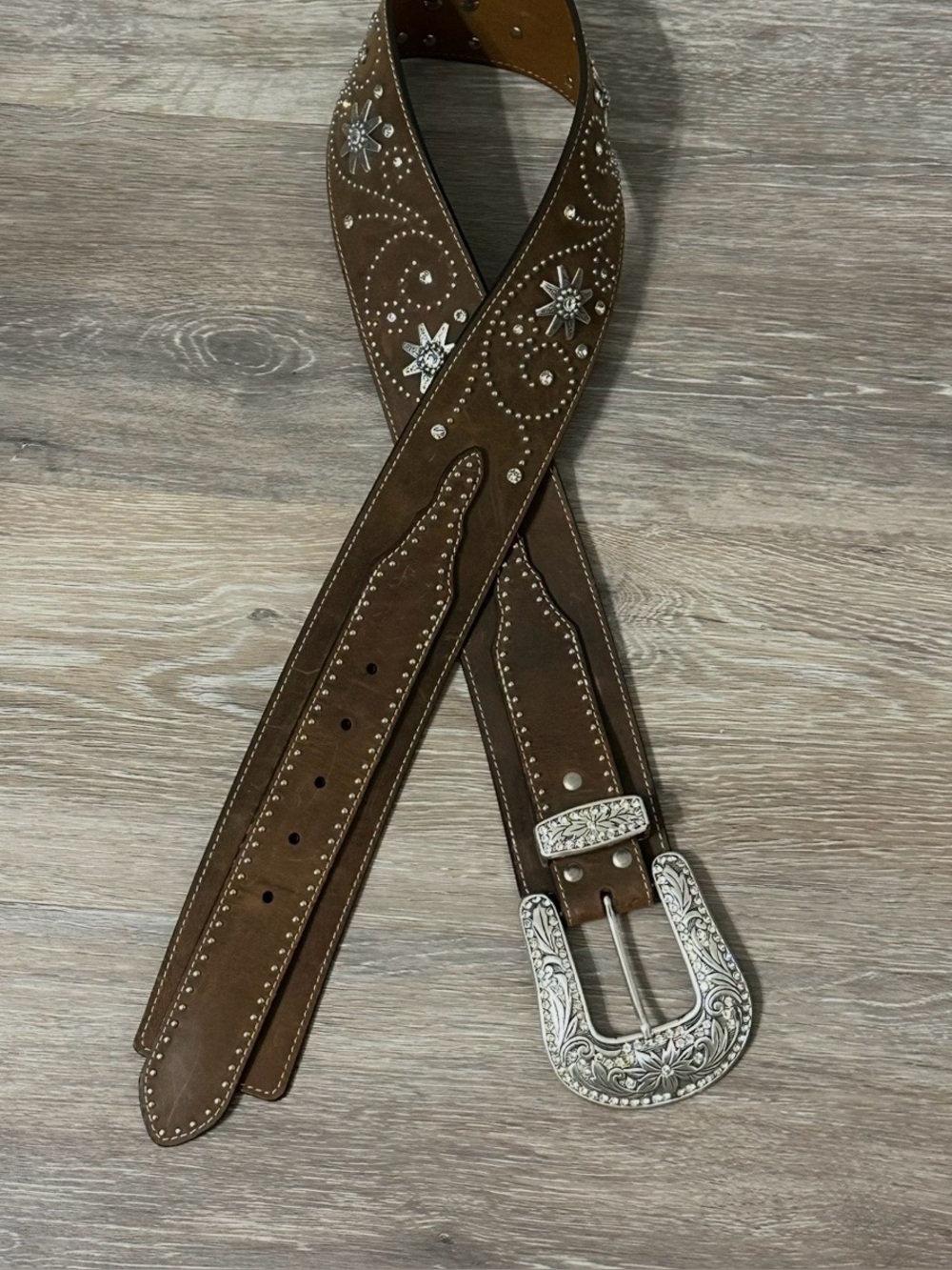 Nocona Brown Genuine Leather rhinestone Belt with large silver rhinestone buckle
